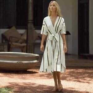 SANCIA Anika White Linen Blend Striped Waist Tie Midi Dress Size Medium